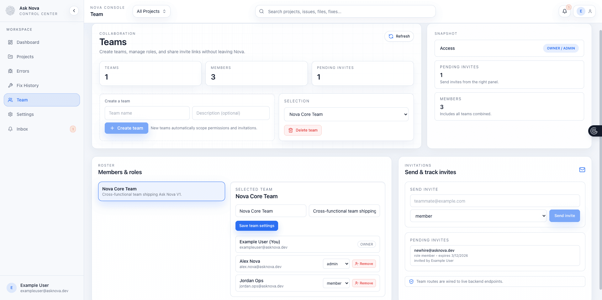 Team rollback and activity preview